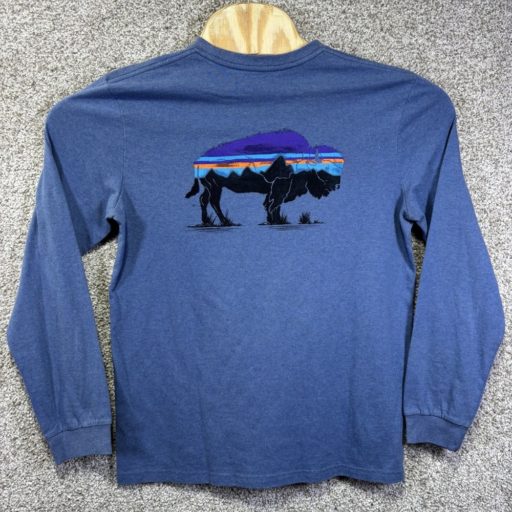 Patagonia Shirt Mens Small Blue Buffalo Logo Responsibili-Tee Long Sleeve Tee